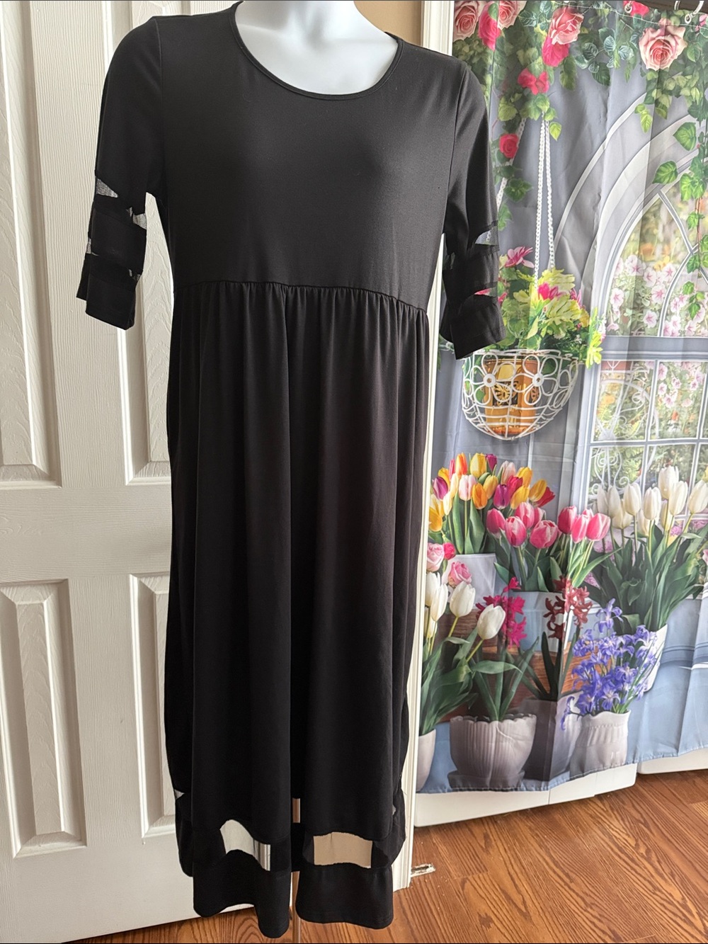 Black Women's Maxi Dress with lace insert in Sleeves and bottom Detail